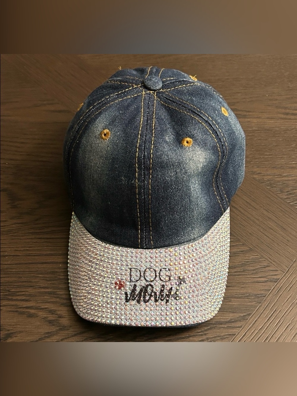 Dog Mom Denim Baseball Cap with Rhinestone Brim